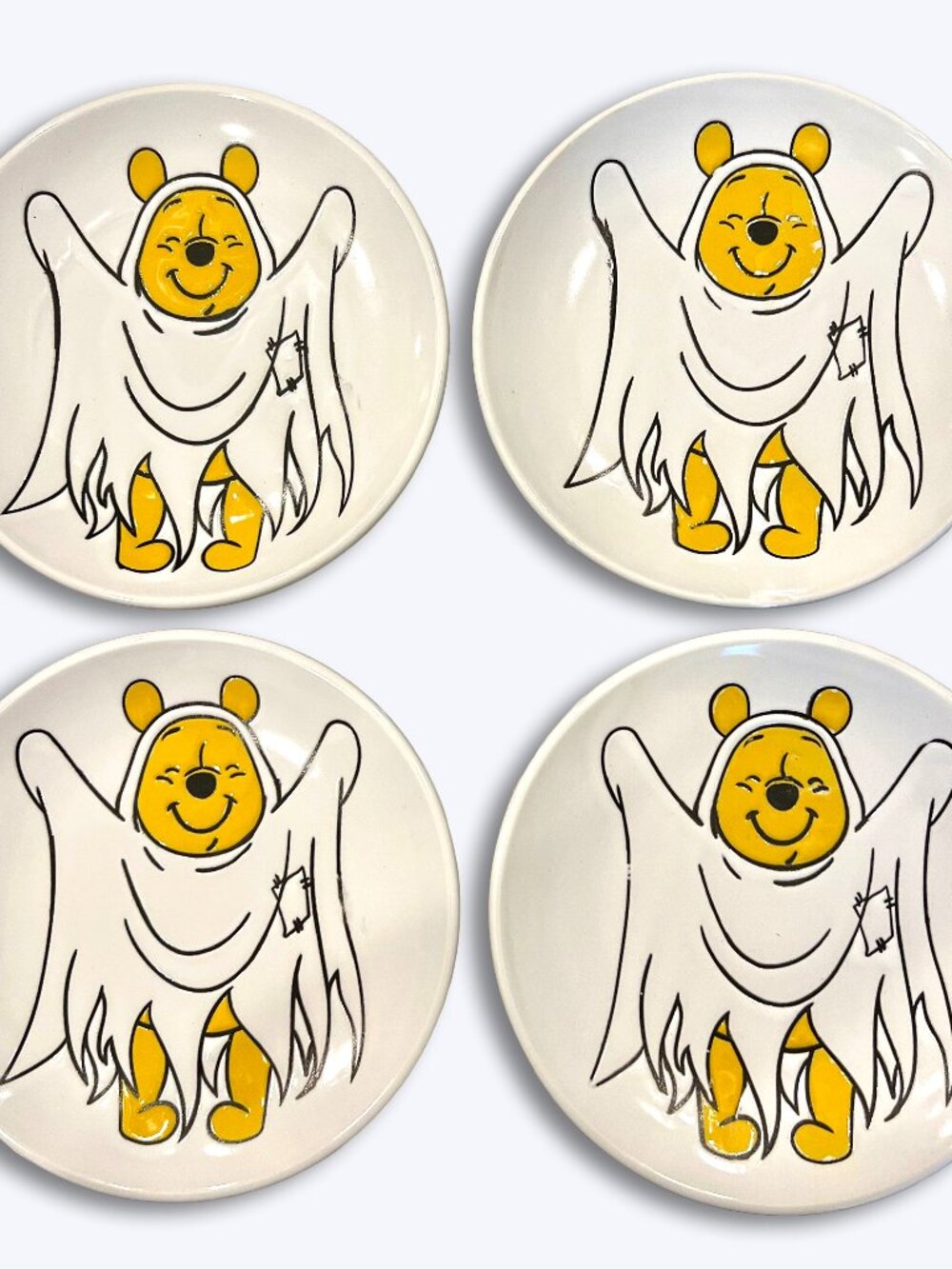 Disney Winnie the Pooh Halloween Ghost 6" Snack Plate Set 4 Ceramic Spooky Fall